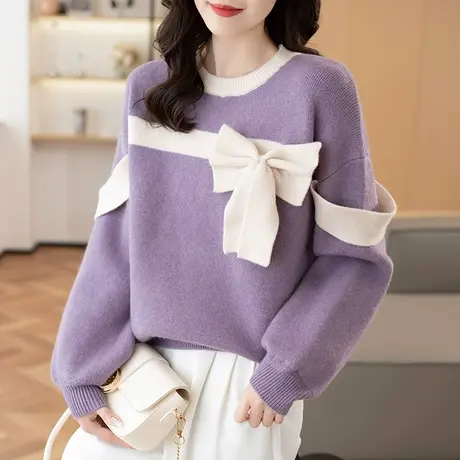 2023秋装新款韩版宽松纯色蝴蝶结针织衫女士毛衣上衣套头打底衫女商品大图