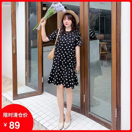 【清仓】新款减龄波点荷叶摆直筒短袖宽松显瘦遮肉大码胖MM连衣裙商品大图