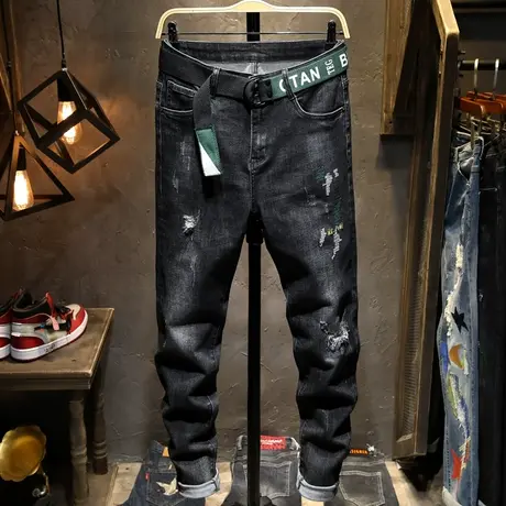 黑色牛仔裤男修身弹力小脚长裤子男韩版国潮刺绣男裤破洞潮牌百搭商品大图