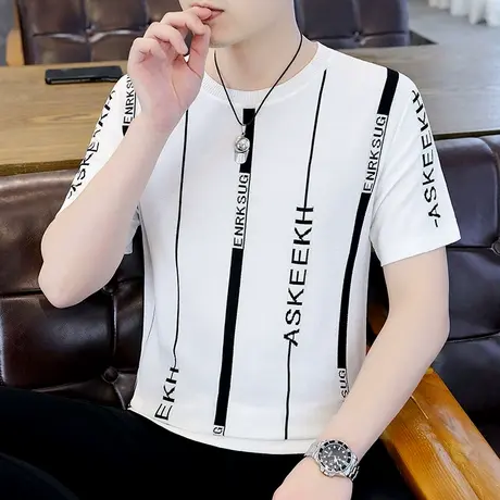 夏季薄款圆领冰丝t恤男士短袖拼色潮流针织半袖大码潮牌凉感体恤商品大图