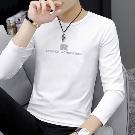 莫代尔长袖t恤男士秋季白色新款内搭潮流卫衣圆领衣服男生打底衫商品大图