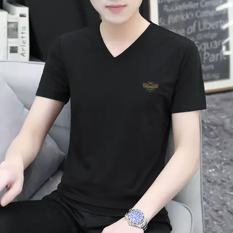 莫代尔黑色短袖t恤男V领潮牌潮流夏季上衣服冰丝半袖青少年打底衫商品大图