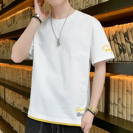 立体印花短袖t恤男士夏季潮流薄款假两件棉感半袖潮牌圆领上衣服商品大图