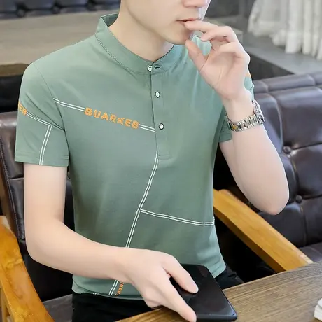短袖t恤男士2023夏季修身立领上衣服潮冰丝凉感中青年体恤polo衫商品大图