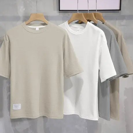 重磅华夫格t恤男短袖纯色上衣服宽松五分袖夏季透气半袖圆领体恤商品大图