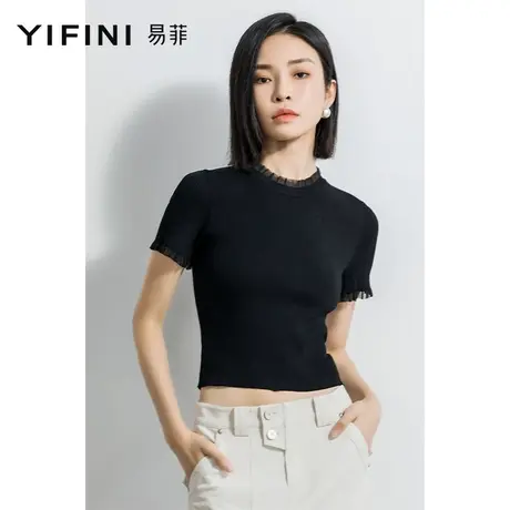 Yifini/易菲修身显瘦短袖T恤女春夏新款黑色短款时尚针织小衫商品大图