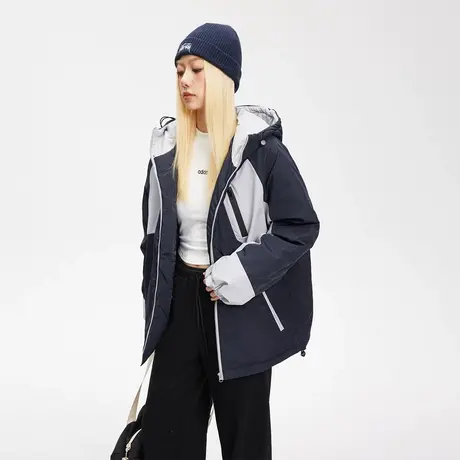 美式潮牌拼接连帽棉服女冬季2023年新款加厚外套复古宽松保暖棉衣商品大图