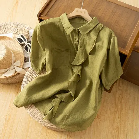 享永子短袖苎麻衬衫女夏文艺复古棉麻小衫上衣宽松设计感2023新款商品大图