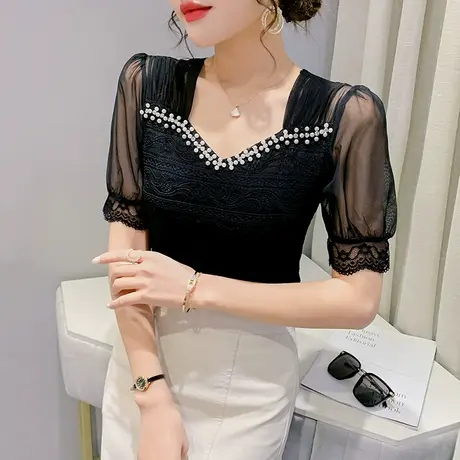 性感V领蕾丝小衫女短袖2024夏装新款气质网纱拼接T恤洋气雷丝上衣图片