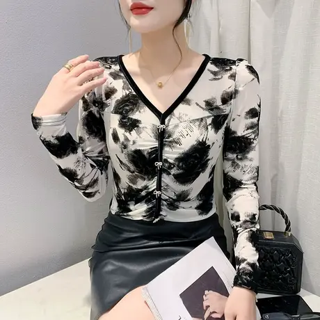 性感提花撞色T恤女长袖设计感植绒网纱上衣洋气修身百搭打底衫ins商品大图