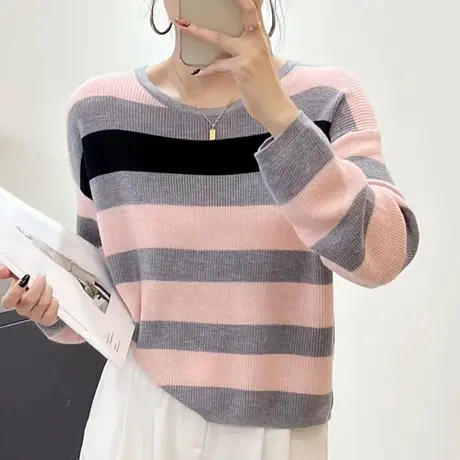 甜美宽松慵懒风针织毛衣女上衣2023秋冬新款长袖圆领套头打底衫女商品大图