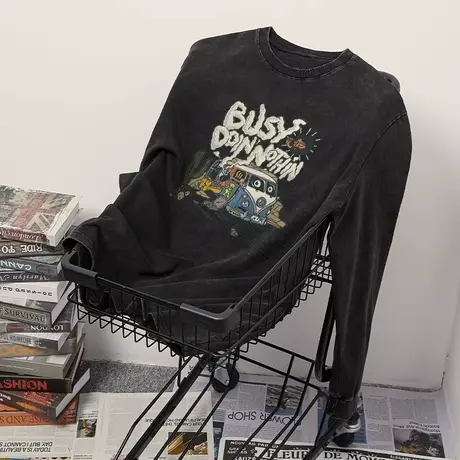 秋日重磅美式高街复古短袖t恤男士宽松情侣潮牌做旧纯棉半袖上衣商品大图