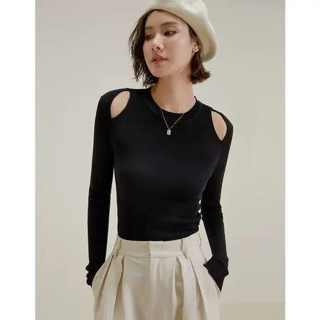 弥古黑色针织衫上衣女小众设计感2023新款秋季长袖露肩内搭打底衫商品大图