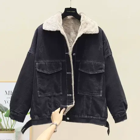 羊羔毛牛仔外套女秋冬季韩版宽松百搭小个子学生短款加绒加厚棉服图片