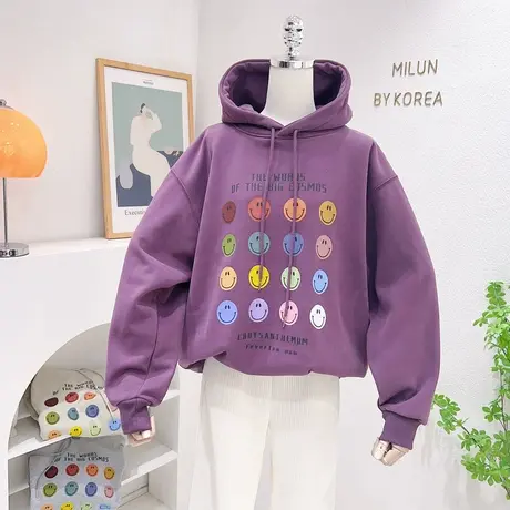 韩系慵懒风ins笑脸连帽上衣秋冬款加绒长袖卫衣减龄休闲洋气显瘦商品大图