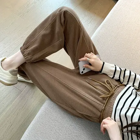 咖色华夫格运动裤女束脚2024春秋新款高腰宽松显瘦百搭九分哈伦裤图片