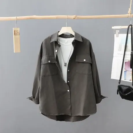 2024春装新款中长款休闲外套衬衣女宽松百搭印花开衫衬衫上衣女装图片