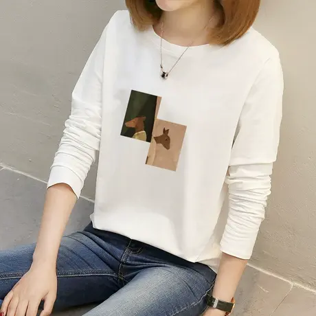 2022年早春新款宽松长袖T恤女打底衫休闲百搭女装圆领印花上衣潮图片