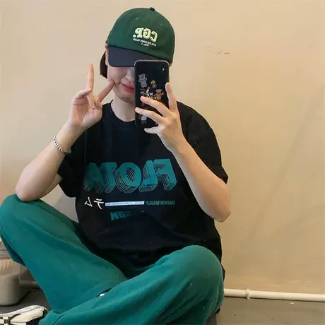 红续oversize港风复古设计感小众字母短袖T恤女2023年夏季新款潮图片