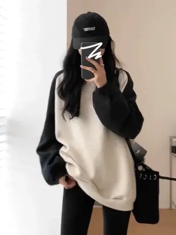 插肩圆领长袖t恤女春秋季2023新款撞色拼接宽松内搭打底衫上衣服图片