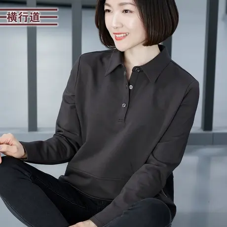 纯色t恤翻领2025大码女装衬衫领拉链宽松春装长袖上衣打底衫新款商品大图