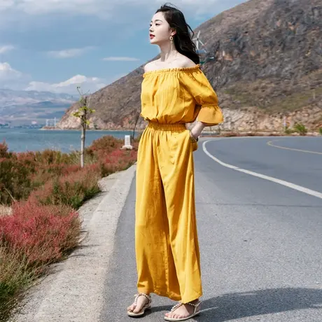 2023春夏新款韩版女装休闲裤高腰显瘦雪纺阔腿裤连体裤时尚长裤子图片