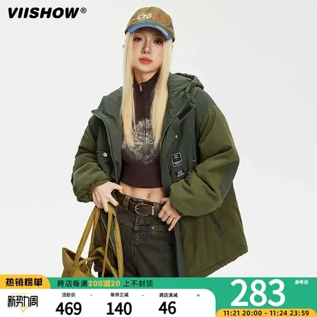 VIISHOW复古潮牌拼接连帽棉服男生加厚冬季工装外套宽松保暖棉衣商品大图
