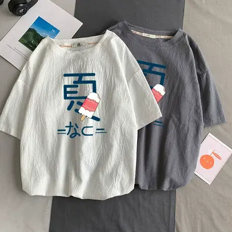 夏季灰色亚麻短袖T恤男潮牌潮流ins中学生宽松青少年棉麻半袖体恤商品大图