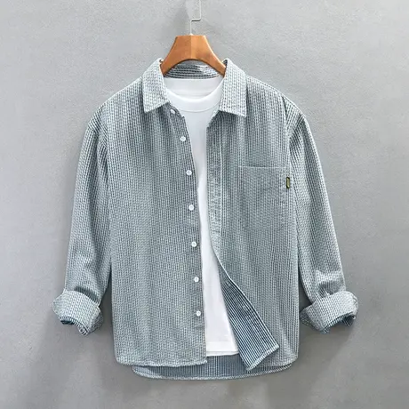 条纹衬衫男长袖2023春季休闲宽松男士日系寸衫百搭蓝色衬衣外套潮商品大图