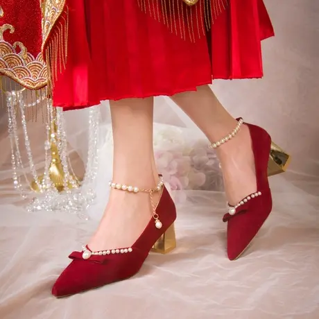 结婚鞋子女粗跟2023年新款夏新娘鞋一字带孕妇中式秀禾服婚纱尖头商品大图