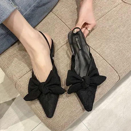 法式高跟小众包头蝴蝶结凉鞋仙女鞋子2023年新款夏季粗跟尖头单鞋商品大图