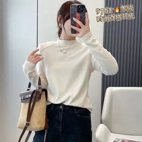 2024年秋季新款半高领加绒加厚t恤女长袖显瘦打底衫百搭纯色上衣图片