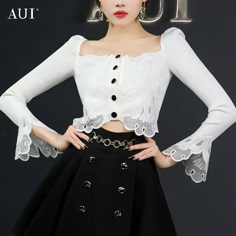 AUI白色名媛气质设计感方领针织衫女2023春秋新款喇叭袖小众上衣图片