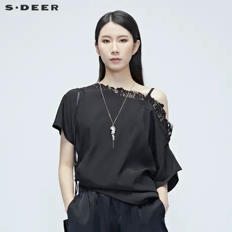sdeer圣迪奥女装夏装性感斜领蕾丝拼接舒适露肩吊带衬衫S20280428图片