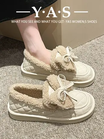 网红蝴蝶结毛毛鞋女2023秋冬季新款一脚蹬豆豆鞋加绒保暖平底棉鞋商品大图