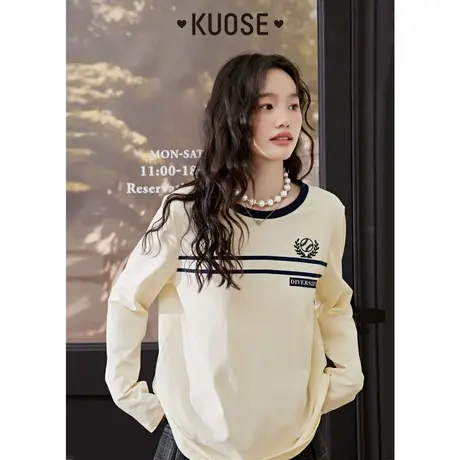 阔色米白色美式复古T恤女2023春秋季新款正肩卫衣纯棉长袖上衣图片