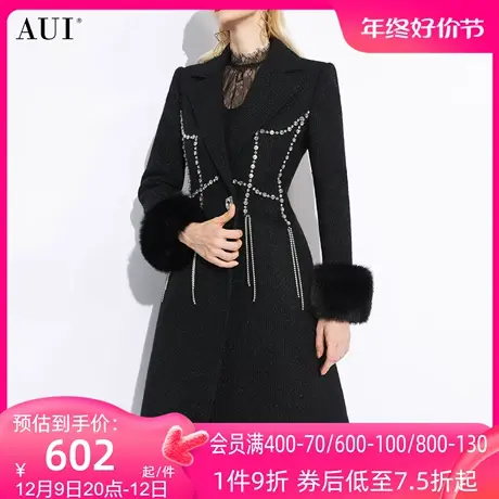 AUI黑色小香风西装毛呢外套女冬2023新款高端气质中长款修身大衣商品大图