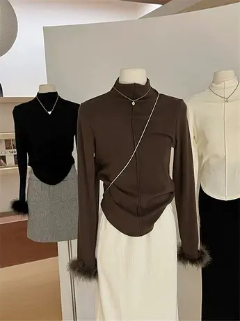 半高领打底衫女秋冬加薄绒修身 毛毛长袖氛围感t恤设计感内搭上衣商品大图