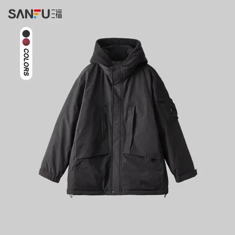 三福2023冬季男士机能拼接撞色口袋长棉衣 针织帽外套男479530图片