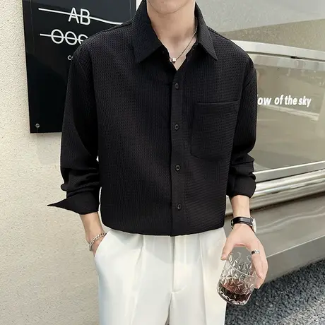 春秋季华夫格纯色高级感长袖衬衫男宽松垂感小众衬衣INS上衣外套商品大图