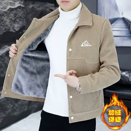 外套男士冬季加绒加厚潮流短款风衣春秋装高端翻领刺绣灯芯绒夹克图片