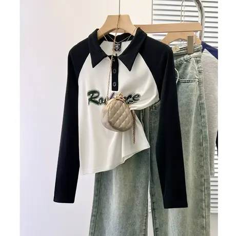 美式复古插肩长袖t恤女秋季Polo领短款洋气螺纹上衣撞色甜酷小衫商品大图