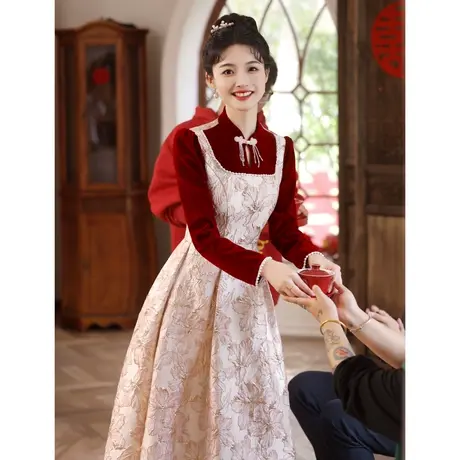 敬酒服2023新款新娘冬季长袖订婚礼服结婚当天穿便装高级感长裙商品大图