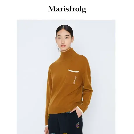 玛丝菲尔2021冬季新款高领深棕色山羊绒毛针织衫毛衣女秋冬保暖商品大图