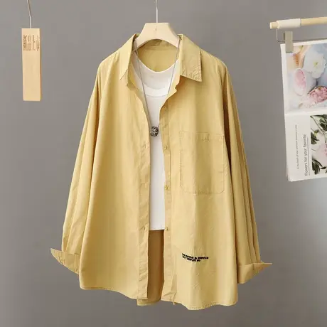 黄色宽松休闲纯棉衬衫式外套女设计感小众别致翻领衬衣叠穿上衣潮商品大图