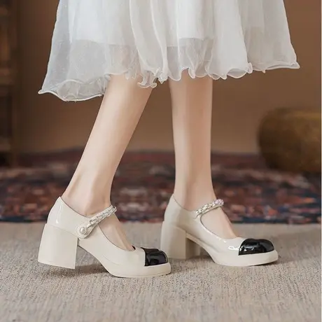 法式玛丽珍女鞋2024新款单鞋春秋粗跟高跟鞋配裙子小皮鞋女款鞋子图片