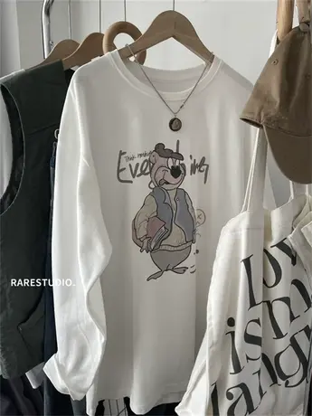 韩国春季新款马甲小熊印花白色长袖磨毛棉T恤百搭宽松休闲女打底图片