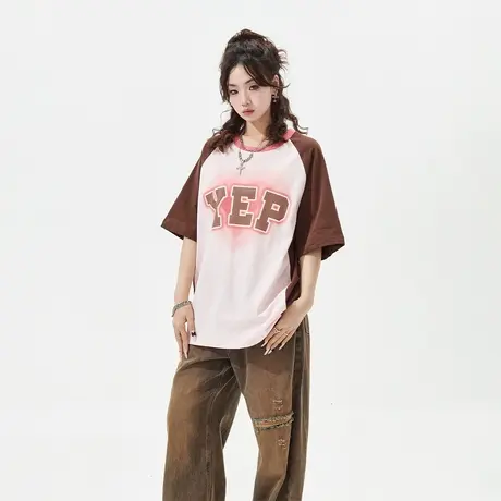 【好物体验专享】复古印花插肩袖短袖t恤女春夏新款拼接情侣装商品大图