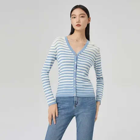 LANCY/俪雅春季新款长袖撞色针织衫女V领通勤蓝白条纹开衫图片