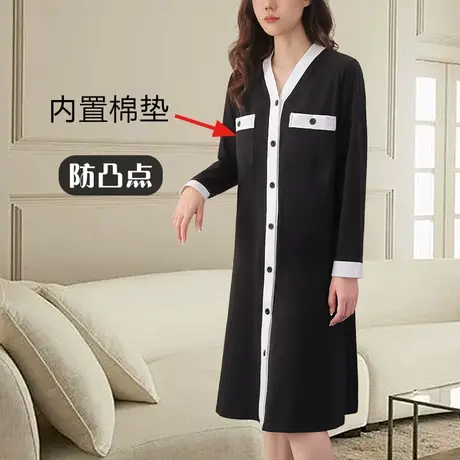 防凸点开扣长袖睡裙带胸垫一体式纽扣式开衫连衣裙商品大图